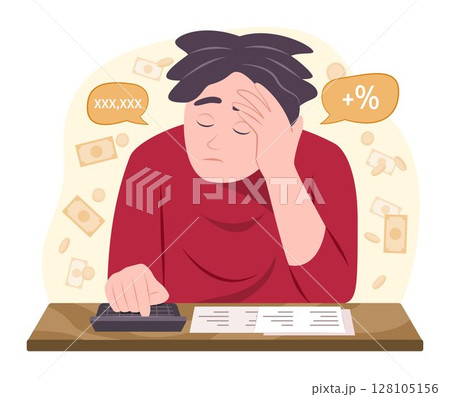 Worried Young Man Stress Out with Debt for Financial and Bankruptcy Concept Illustration Worried Young Man Stress Out with Debt for Financial and Bankruptcy Concept Illustration 128105156