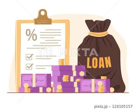 Stack of Cash Money Bundle and Money Bag with Loan Agreement Document for Bank Loan Concept Illustration 128105157