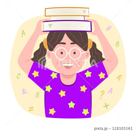 Happy Cute Student Girl Putting Books on Head for Reading and Education Concept Illustration Clip Art 128105161