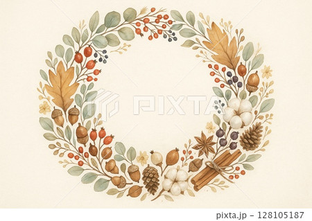 秋の恵みを集めた華やかなリース構成 秋の恵みを集めた華やかなリース構成 128105187