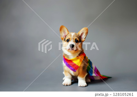 Corgi dog in pride parade. Concept of LGBTQ pride. AI generated 128105261