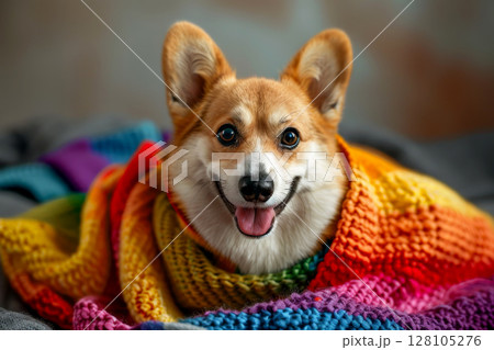 Corgi dog in pride parade. Concept of LGBTQ pride. AI generated 128105276