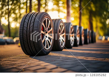 close up tire car in Tire shop, Group of new tires for sale in a tire shop. Generative Ai 128105282