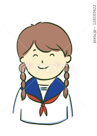 笑う女子学生　女の子　中学生　JK　高校生　女子高生　セーラー服　おさげ　三つ編み　笑顔 128105622