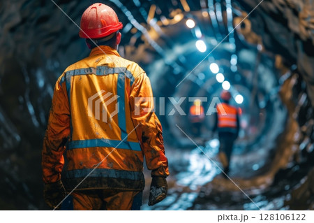 mine worker wearing helmets. at a mine site .Generative AI. 128106122