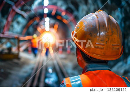 mine worker wearing helmets. at a mine site .Generative AI. 128106123