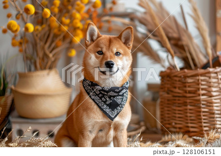 Shiba inu Dog sitting with a Bandana for Mock Up . generative ai 128106151