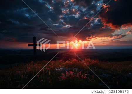 Wooden cross on top of a mountain at sunset, Generative AI 128106176