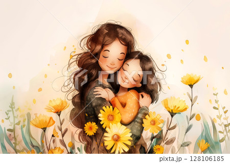 Concept of mothers day .mother with her little child, flower in the background. .Generative AI 128106185