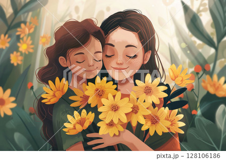 Concept of mothers day .mother with her little child, flower in the background. .Generative AI 128106186
