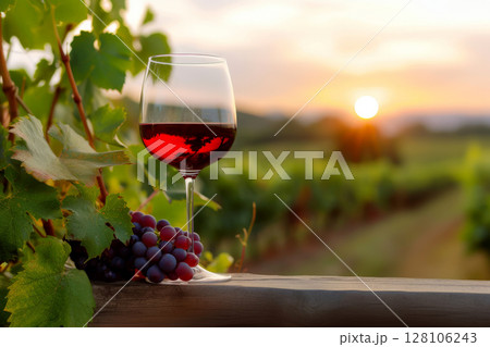 red Wine glasses, vineyard landscape and grapes in nature. Generative ai red Wine glasses, vineyard landscape and grapes in nature. Generative ai 128106243