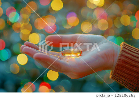 hand woman a Omega 3 oil or Vitamin D capsule tablet, Generative AI. 128106265
