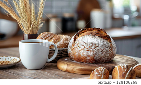 a cup of coffee and bakery bread on a table. generative ai 128106269