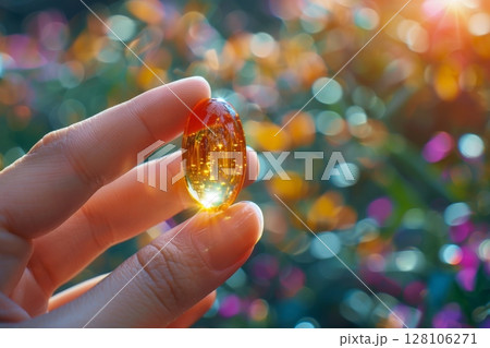 hand woman a Omega 3 oil or Vitamin D capsule tablet, Generative AI. 128106271