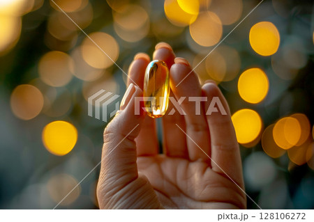 hand woman a Omega 3 oil or Vitamin D capsule tablet, Generative AI. 128106272