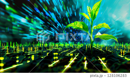 Plant growing from digital AI network . Ecology and environment concept.ai generative 128106283