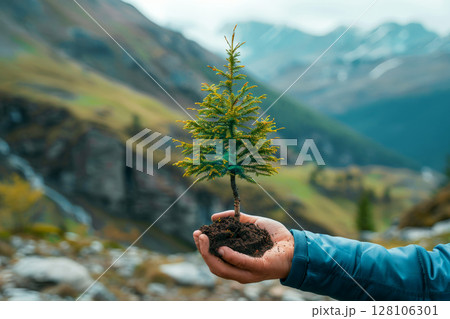 Close up hands holding a tree for planting, Environmental technology concept. Generative Ai Close up hands holding a tree for planting, Environmental technology concept. Generative Ai 128106301