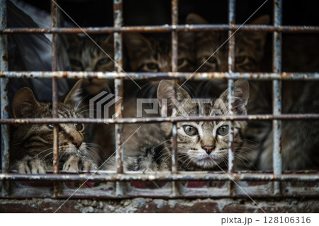 close up Sad cats caught in cage. Generative AI 128106316