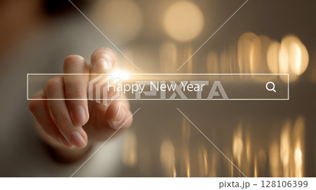 A hand interacts with a futuristic interface, highlighting the year 2026. Happy New Year 2026. 128106399