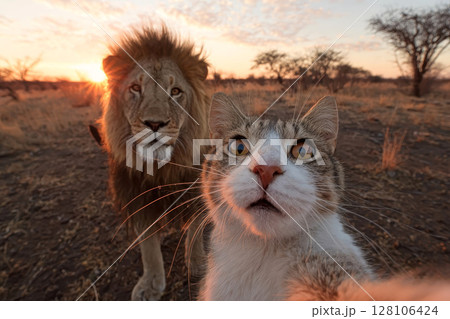 Curious cat taking a selfie as a lion lurks in the background. 128106424