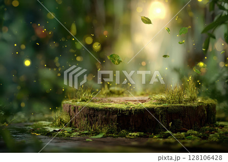 Empty wooden podium with moss in magical forest with falling leaves and glowing particles, ideal for product placement. Empty wooden podium with moss in magical forest with falling leaves and glowing particles, ideal for product placement. 128106428