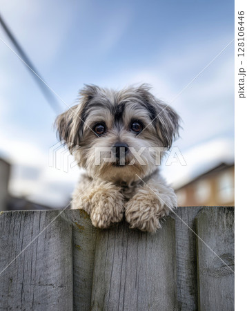 An innocent-looking small dog peers curiously over a wooden fence with its paws resting on top, surrounded by a warm, natural indoor setting background. 128106446