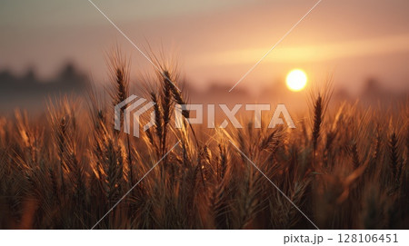 Wheat agriculture field scenery with sunrise sun shining on ripe wheat crops. Wheat agriculture field scenery with sunrise sun shining on ripe wheat crops. 128106451