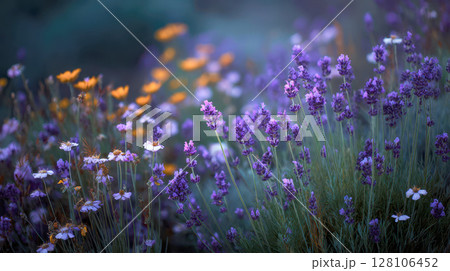 Lavender Flowers Close Up at Sunset, Purple Floral Backlit Image Lavender Flowers Close Up at Sunset, Purple Floral Backlit Image 128106452