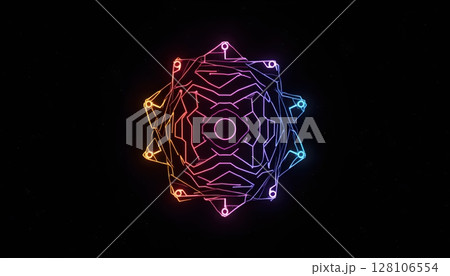 Colorful geometric labyrinth pattern on black background 128106554