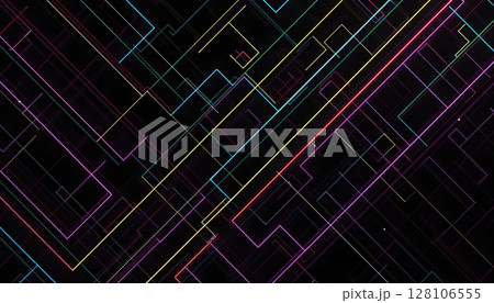 Diagonal colorful labyrinth design with bright intersecting lines 128106555