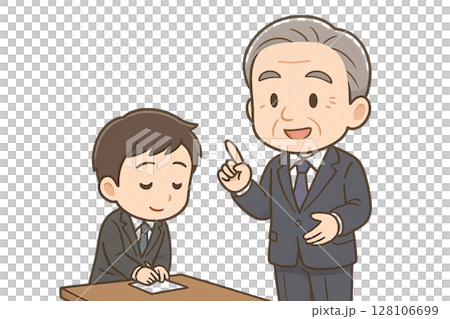 A mini character manager giving advice to a young employee (office background, with white space in the center) 128106699
