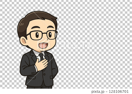 A miniature manager talking about the brand philosophy (with reception background and blank space in the center) A miniature manager talking about the brand philosophy (with reception background and blank space in the center) 128106701