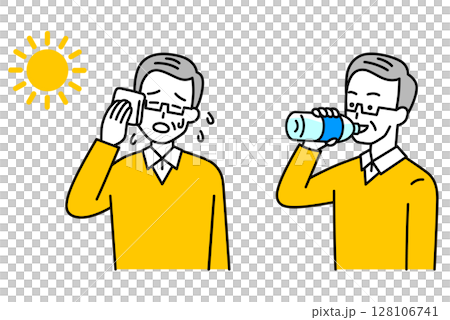 熱中症対策をする年配の男性　セット 128106741