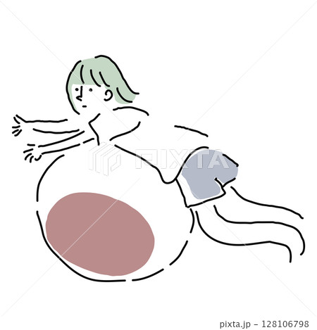 バランスボールに乗る女性の手描き素材 バランスボールに乗る女性の手描き素材 128106798