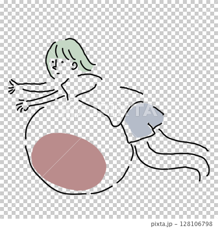 Hand-drawn material of a woman riding a balance ball 128106798
