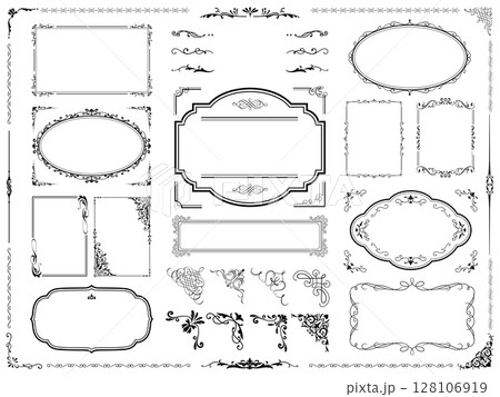 文字が無くて使いやすい黒のビンテージフレームとオーナメントのセット1 128106919