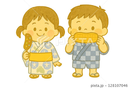 夏祭り、チョコバナナと焼きとうもろこしを食べる浴衣を着た子供の水彩画 128107046