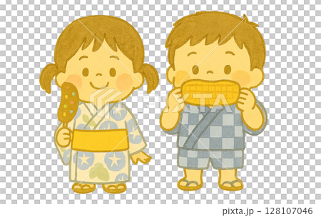 夏祭り、チョコバナナと焼きとうもろこしを食べる浴衣を着た子供の水彩画 128107046