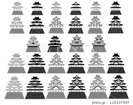 日本の城　たくさんの天守（櫓）のイラスト 128107097
