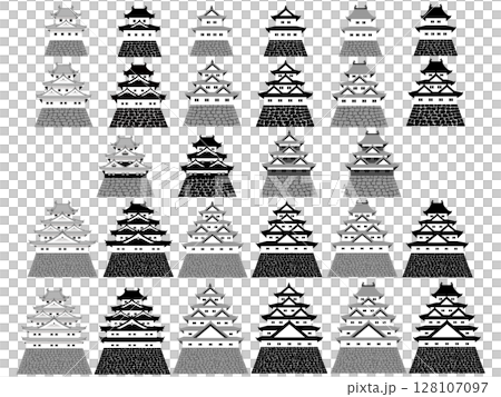 日本の城　たくさんの天守（櫓）のイラスト 128107097