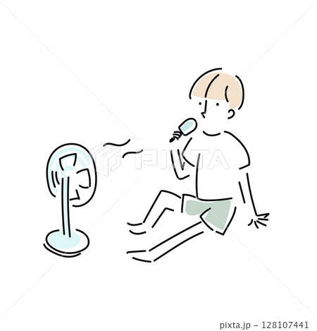扇風機で涼みながらアイスを食べる男の子の手描きイラスト 扇風機で涼みながらアイスを食べる男の子の手描きイラスト 128107441