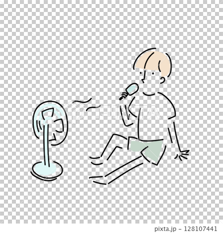 Hand-drawn illustration of a boy eating ice cream while cooling off with a fan 128107441