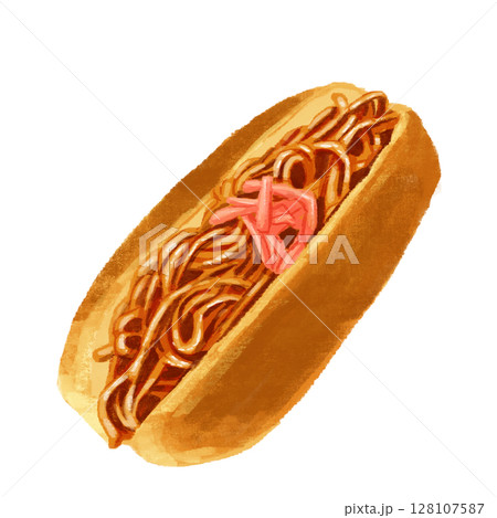 水彩で描いた焼きそばパン 128107587