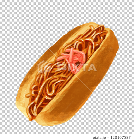 水彩で描いた焼きそばパン 128107587