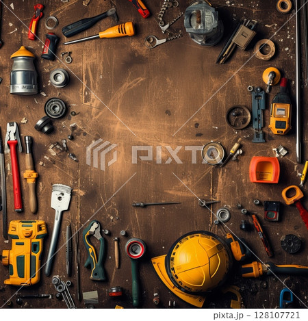 Assorted Tools and Hardware Arranged on a Wooden Surface for Workshop or Repair Concept 128107721