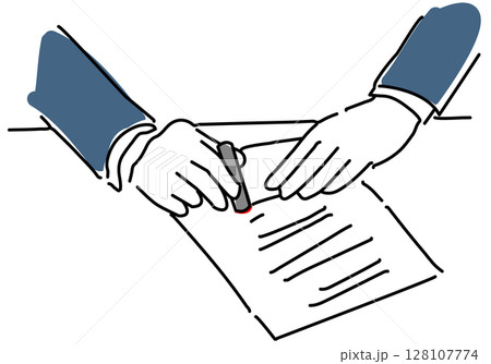 印鑑を押すビジネスマンの手元シンプル線画 128107774