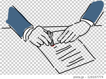 印鑑を押すビジネスマンの手元シンプル線画 128107774