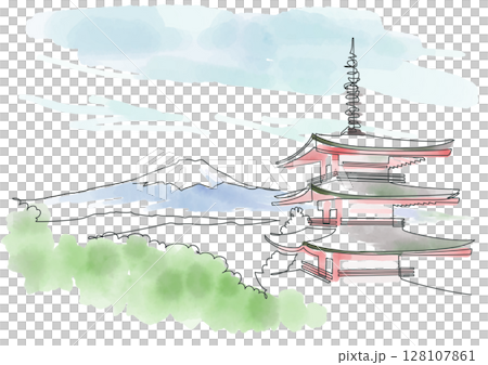Mt. Fuji and the Five-story Pagoda, Arakurayama Sengen Park, One-stroke drawing and watercolor, Yamanashi, Japan 128107861