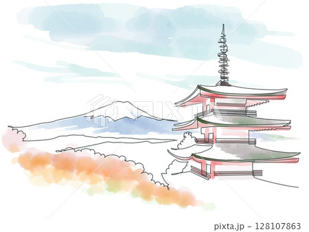 紅葉と富士山と五重塔、新倉山浅間公園 一筆書きと水彩 Yamanashi, Japan 128107863