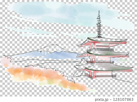 Autumn leaves, Mt. Fuji and five-story pagoda, Arakurayama Sengen Park, one-stroke drawing and watercolor, Yamanashi, Japan 128107863